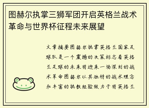 图赫尔执掌三狮军团开启英格兰战术革命与世界杯征程未来展望 图赫尔执掌三狮军团开启英格兰战术革命与世界杯征程未来展望